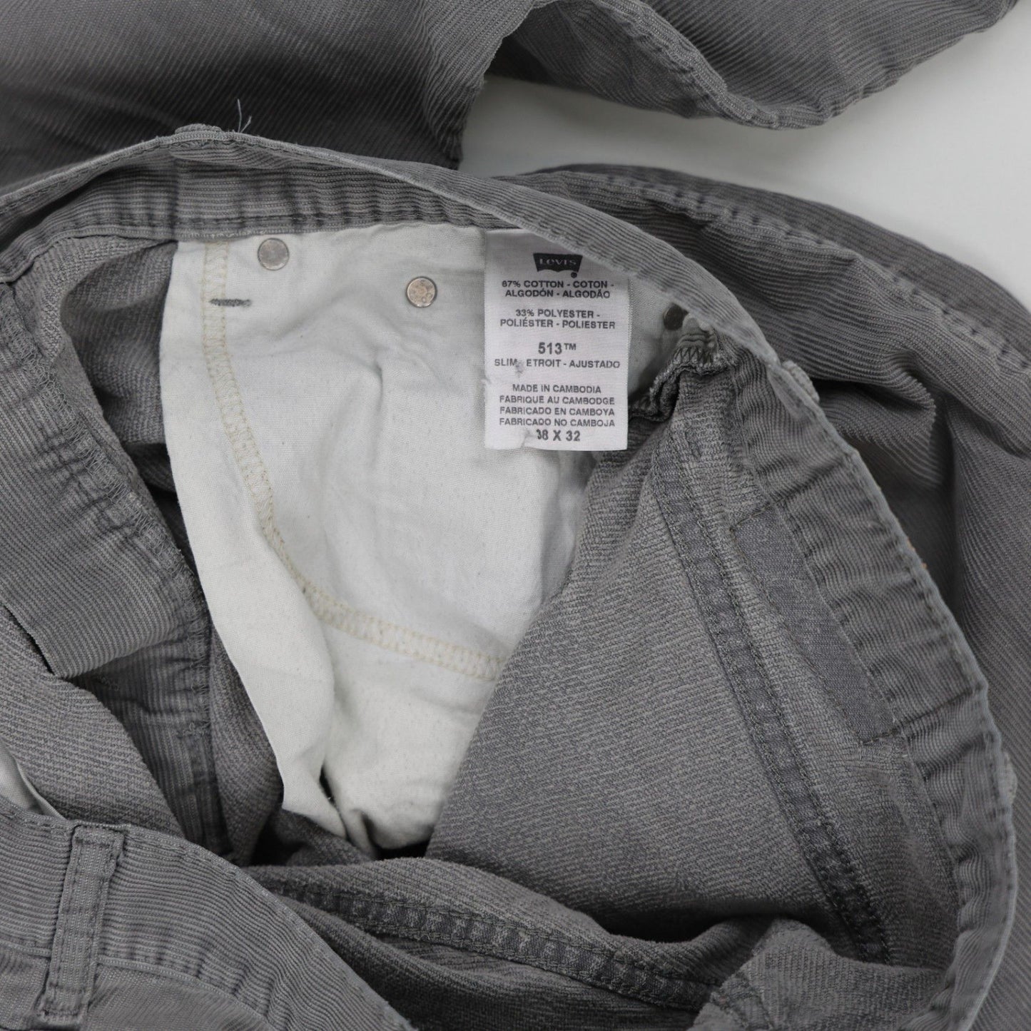 Levi's 513 Slim Fit Grey Corduroy Jeans 38W 32L 67% Cotton 31% Polyester 2% Elastane