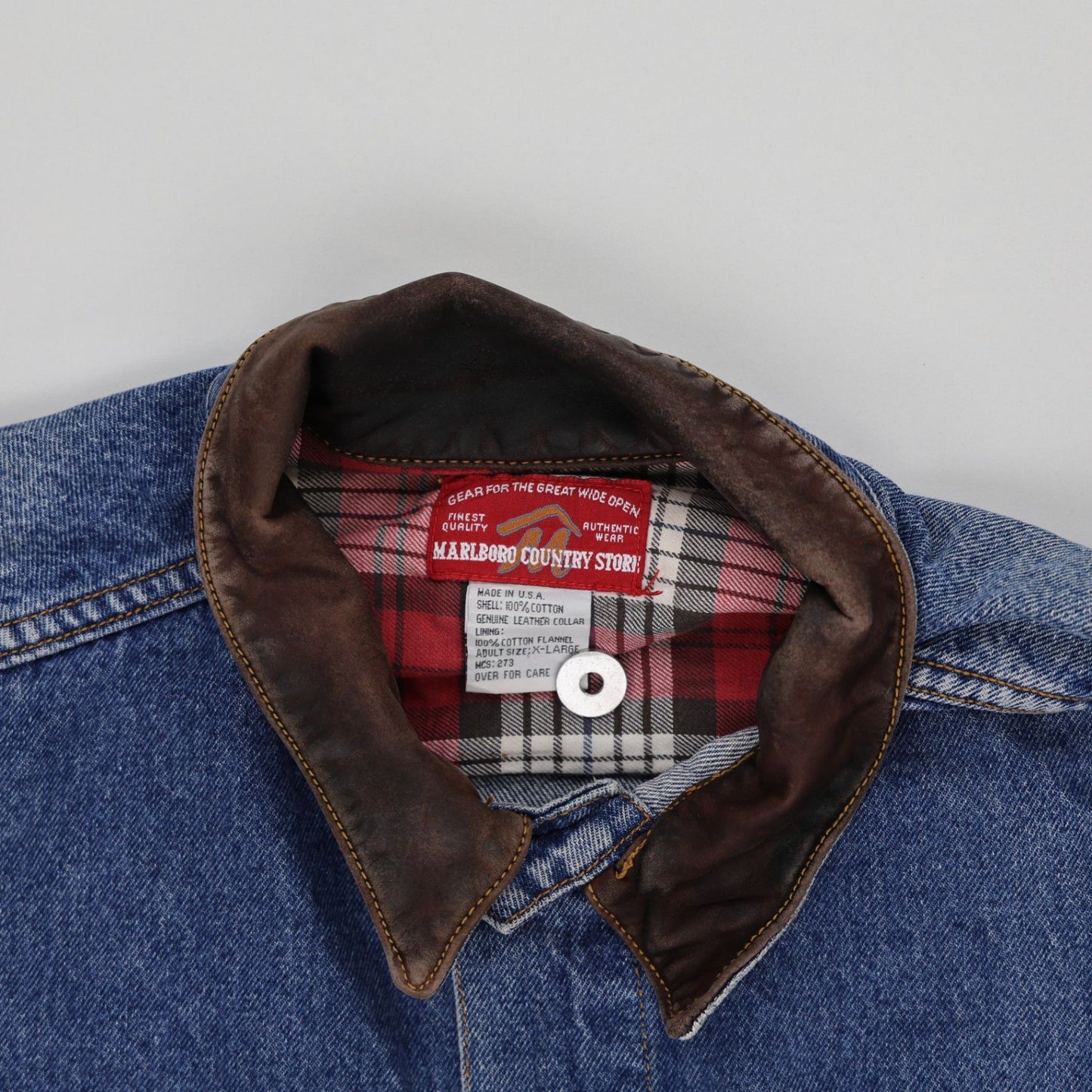 Marlboro Country Store Vintage Denim Jacket Blue XL 100% Cotton Leather Collar Western Style