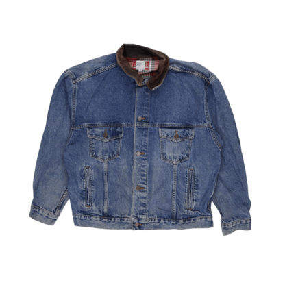 Marlboro Country Store Vintage Denim Jacket Blue XL 100% Cotton Leather Collar Western Style