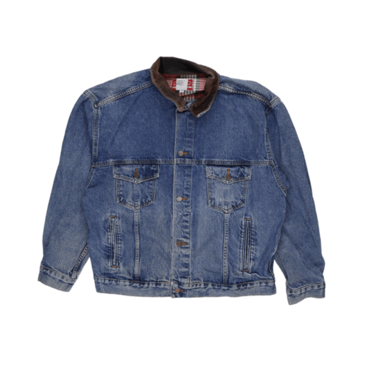 Marlboro Country Store Vintage Denim Jacket Blue XL 100% Cotton Leather Collar Western Style