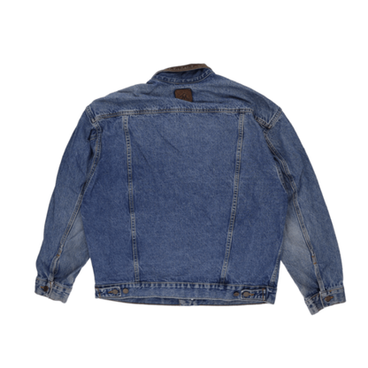 Marlboro Country Store Vintage Denim Jacket Blue XL 100% Cotton Leather Collar Western Style