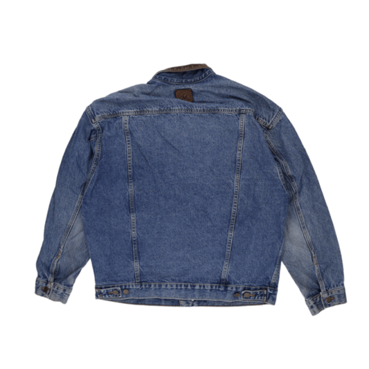 Marlboro Country Store Vintage Denim Jacket Blue XL 100% Cotton Leather Collar Western Style