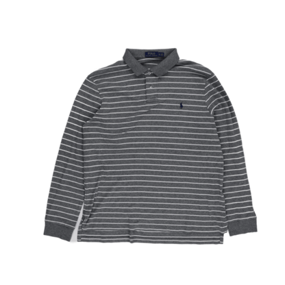 Ralph Lauren Men's XL Grey White Striped Long Sleeve Polo Shirt Cotton Collared