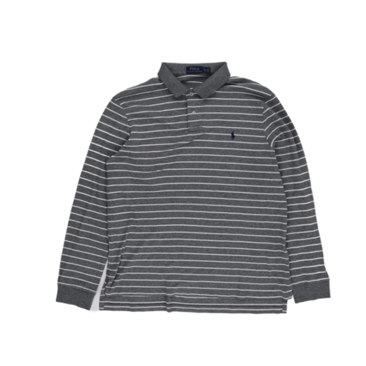 Ralph Lauren Men's XL Grey White Striped Long Sleeve Polo Shirt Cotton Collared