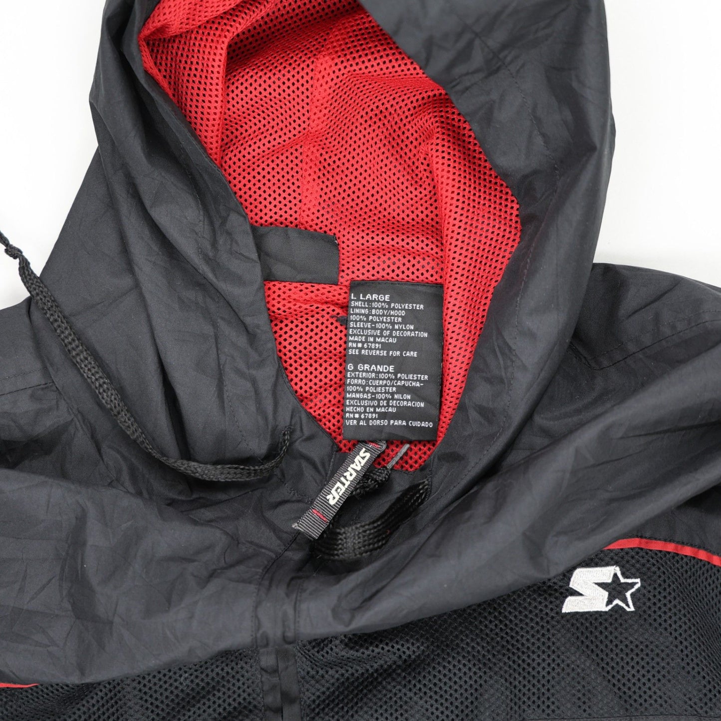 Starter Vintage Black Red Hooded Windbreaker Jacket Size Large 100% Polyester