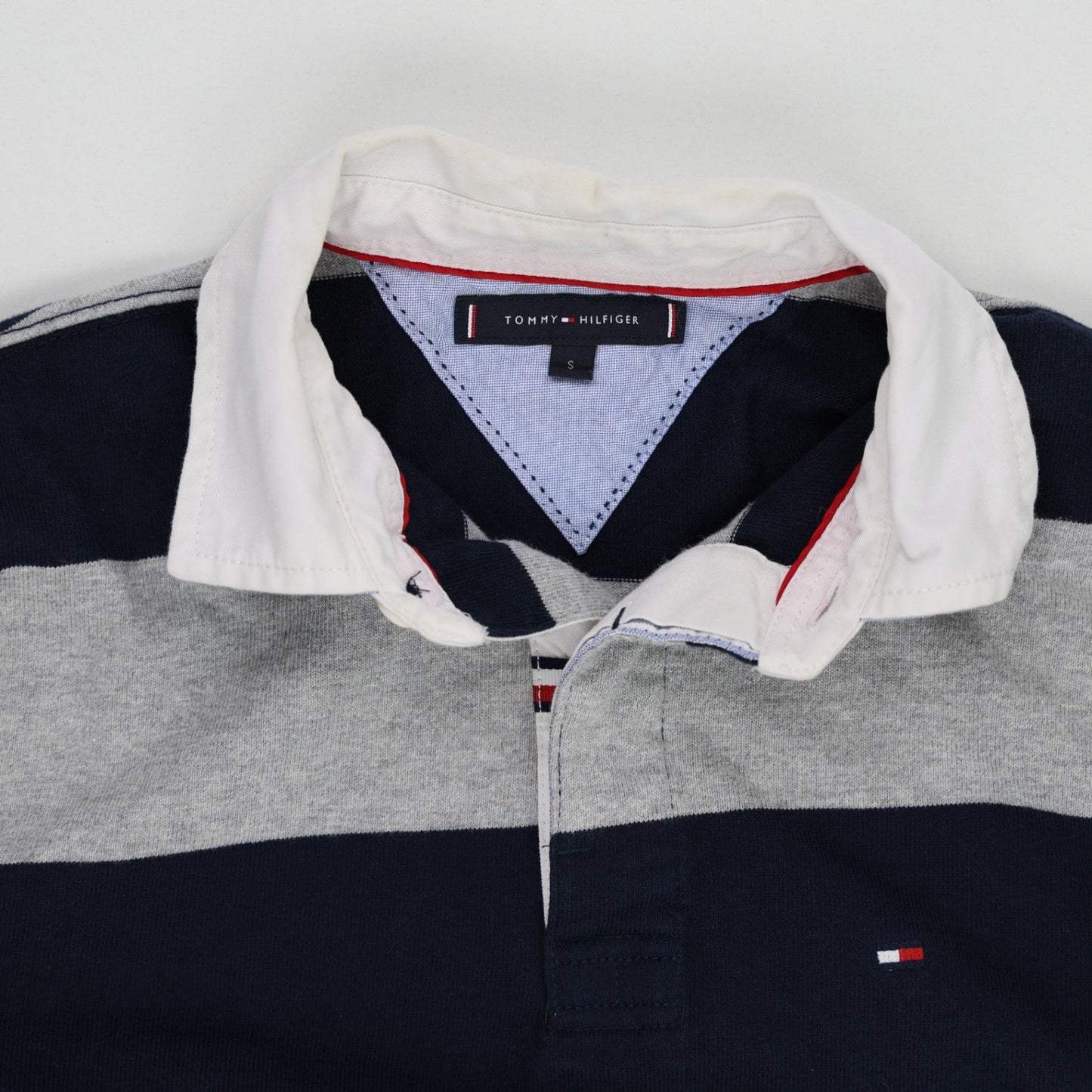 Tommy Hilfiger Navy Grey Striped Rugby Polo Shirt Men Size Small Cotton