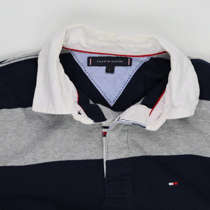 Tommy Hilfiger Navy Grey Striped Rugby Polo Shirt Men Size Small Cotton