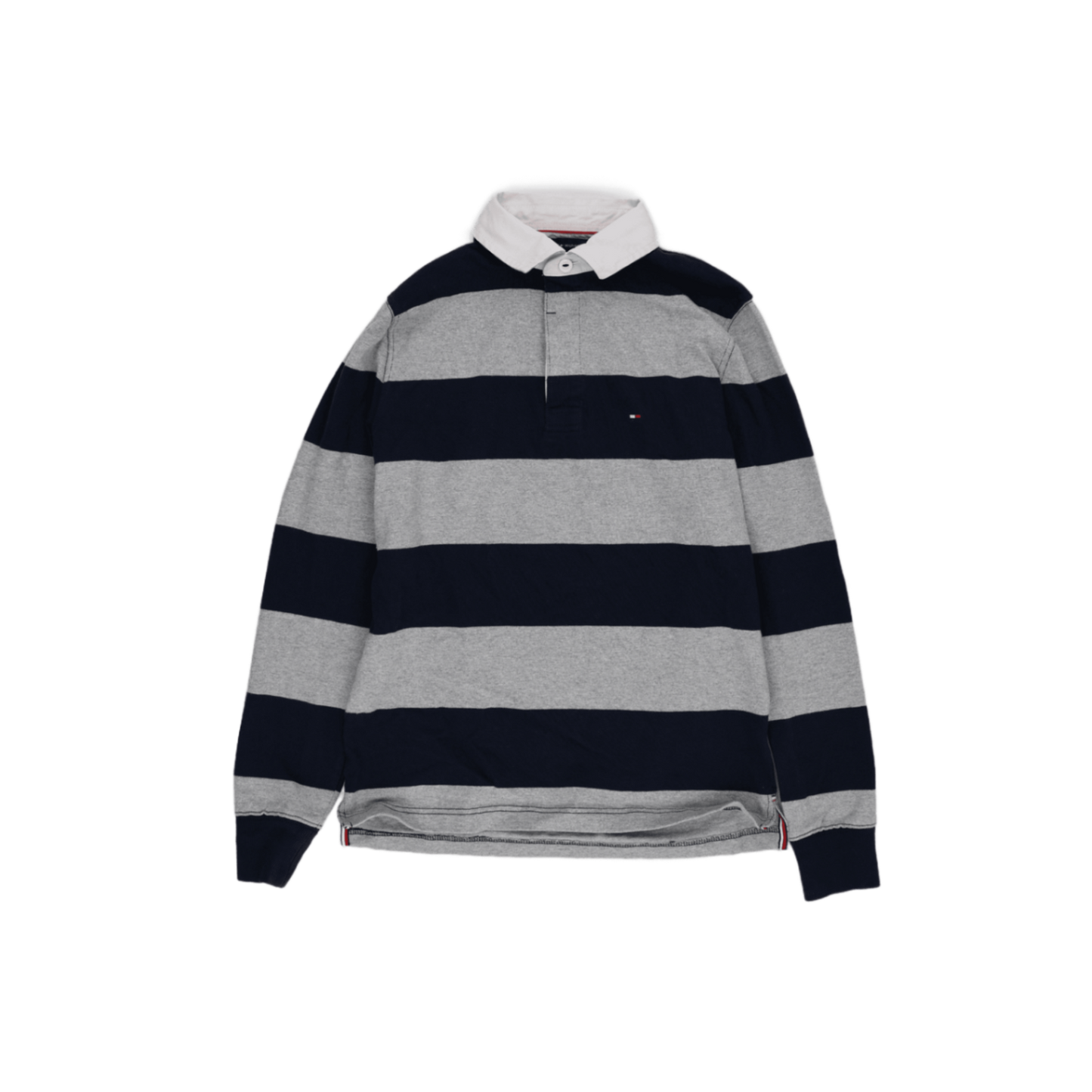 Tommy Hilfiger Navy Grey Striped Rugby Polo Shirt Men Size Small Cotton