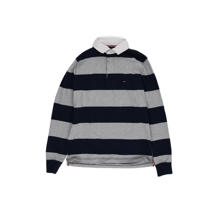 Tommy Hilfiger Navy Grey Striped Rugby Polo Shirt Men Size Small Cotton