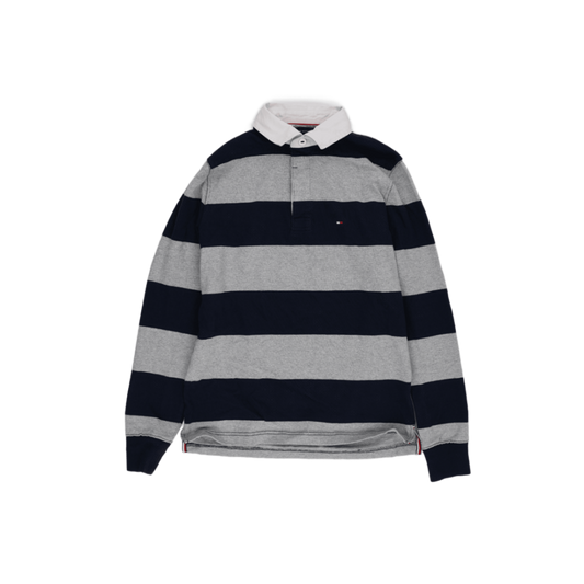 Tommy Hilfiger Navy Grey Striped Rugby Polo Shirt Men Size Small Cotton
