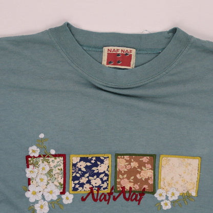Naf Naf Vintage Teal Floral Patch Long Sleeve T-Shirt Size M Cotton