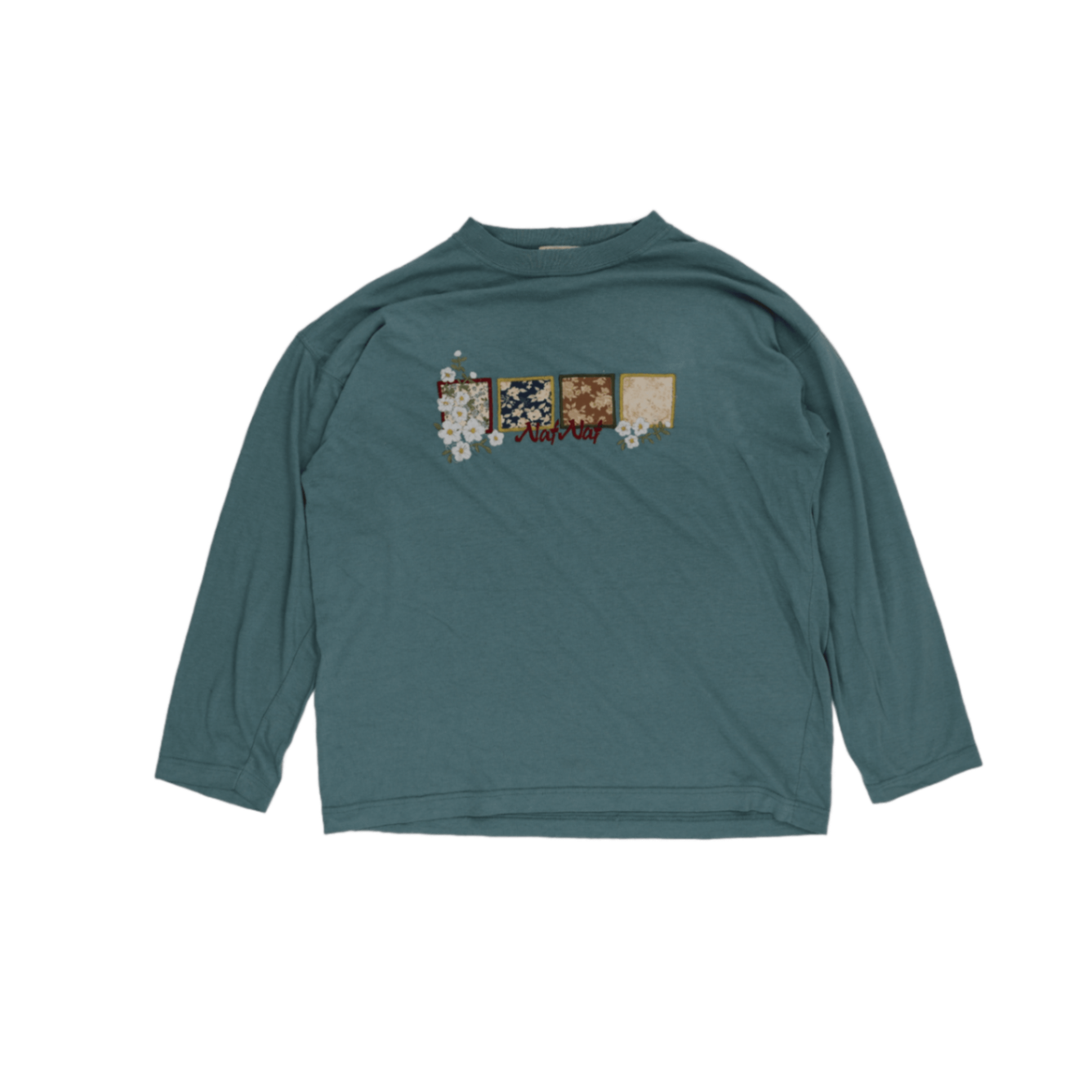 Naf Naf Vintage Teal Floral Patch Long Sleeve T-Shirt Size M Cotton