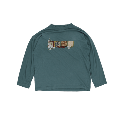 Naf Naf Vintage Teal Floral Patch Long Sleeve T-Shirt Size M Cotton