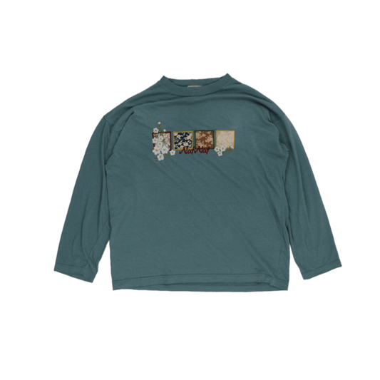 Naf Naf Vintage Teal Floral Patch Long Sleeve T-Shirt Size M Cotton