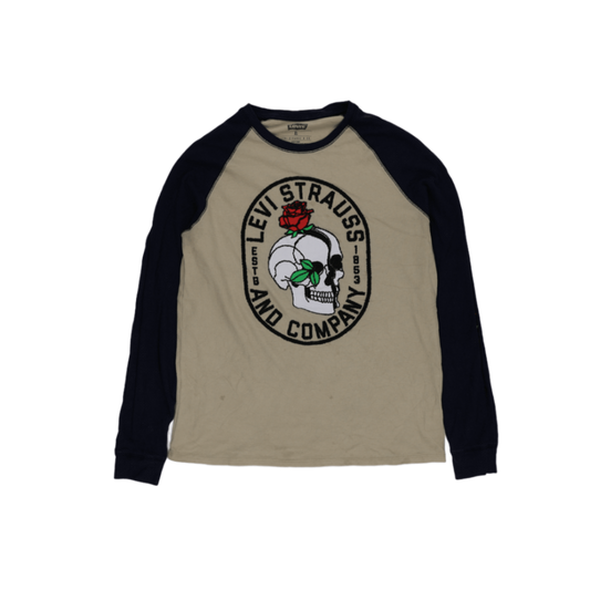 Levi's Skull & Rose Graphic Raglan Long Sleeve T-Shirt Beige Black XL 60% Cotton 40% Polyester