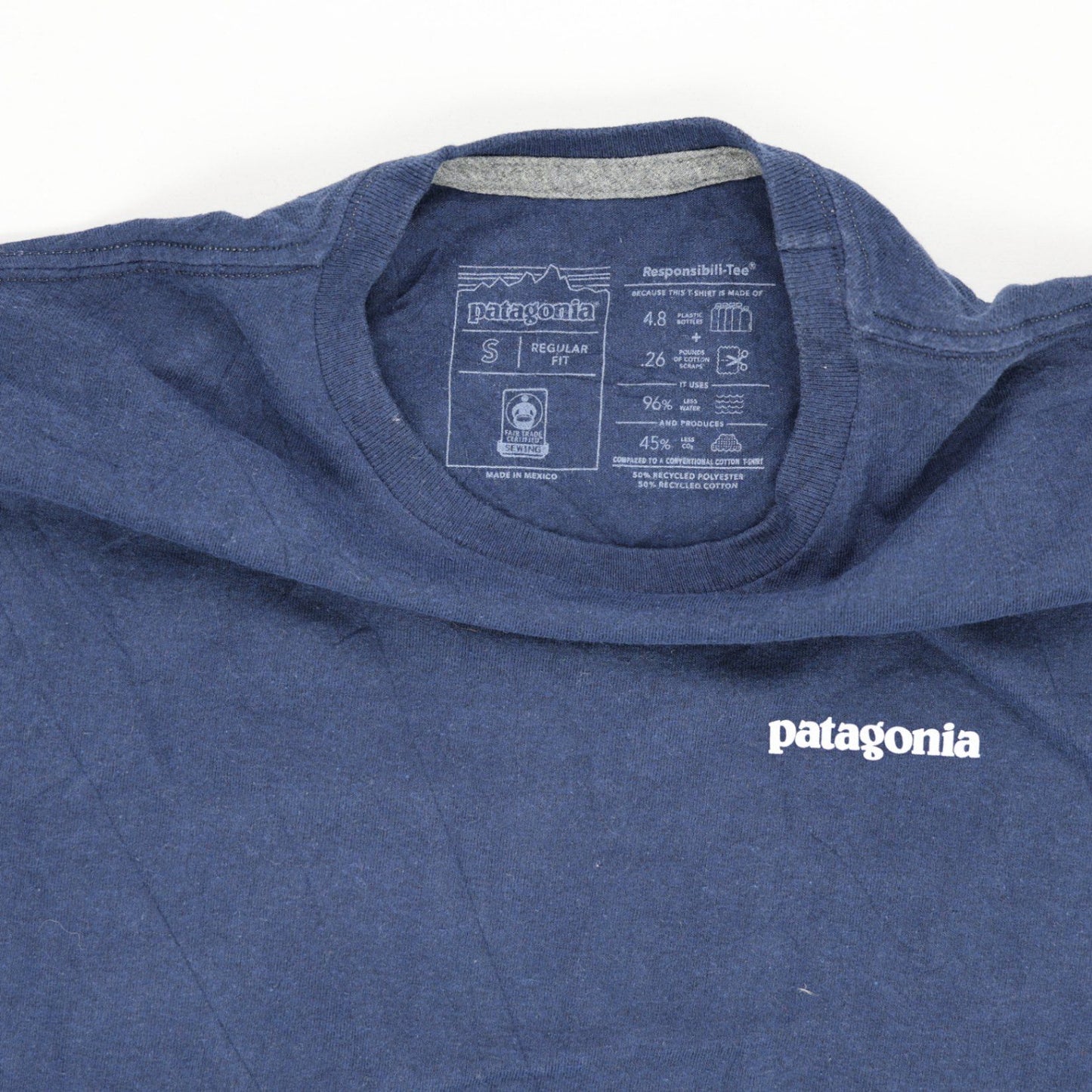 Patagonia Long Sleeve Graphic Tee Bear Logo Navy Blue Size S 50 Percent Recycled Cotton 50 Percent Recycled Polyester