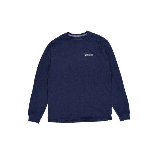 Patagonia Long Sleeve Graphic Tee Bear Logo Navy Blue Size S 50 Percent Recycled Cotton 50 Percent Recycled Polyester