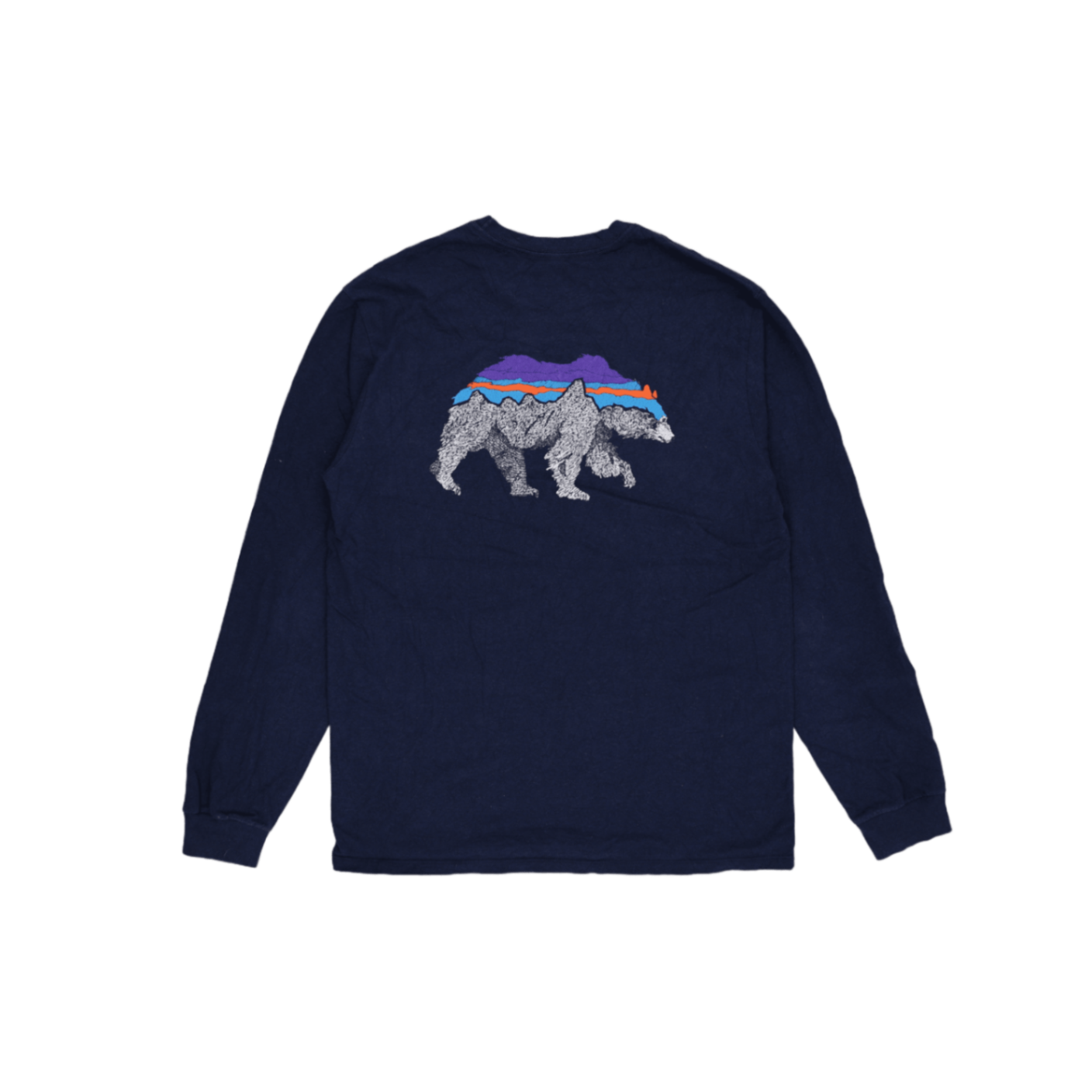 Patagonia Long Sleeve Graphic Tee Bear Logo Navy Blue Size S 50 Percent Recycled Cotton 50 Percent Recycled Polyester