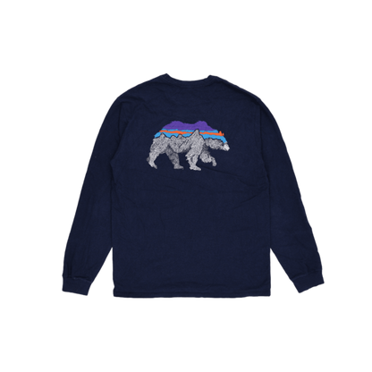 Patagonia Long Sleeve Graphic Tee Bear Logo Navy Blue Size S 50 Percent Recycled Cotton 50 Percent Recycled Polyester