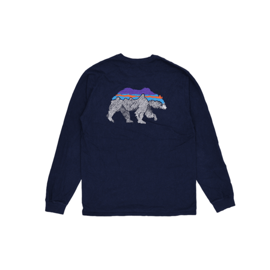 Patagonia Long Sleeve Graphic Tee Bear Logo Navy Blue Size S 50 Percent Recycled Cotton 50 Percent Recycled Polyester