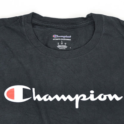Champion Black Long Sleeve T-Shirt Large Cotton Crew Neck Men's