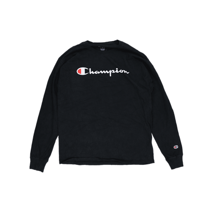 Champion Black Long Sleeve T-Shirt Large Cotton Crew Neck Men's