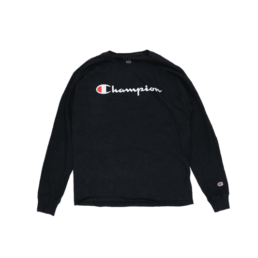 Champion Black Long Sleeve T-Shirt Large Cotton Crew Neck Men's