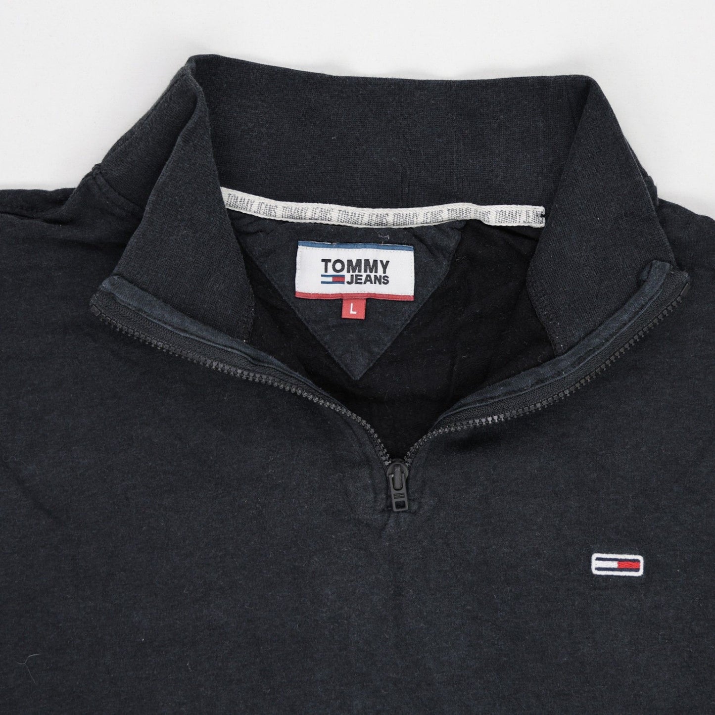 Tommy Jeans Black Quarter Zip T-Shirt Large Cotton Stand Collar