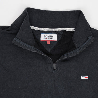 Tommy Jeans Black Quarter Zip T-Shirt Large Cotton Stand Collar