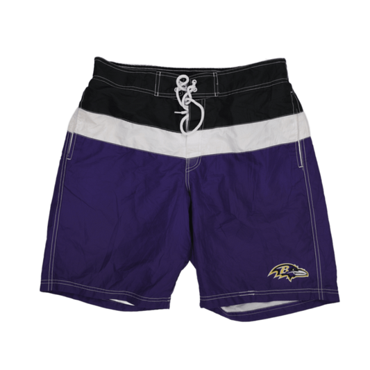NFL Team Apparel Baltimore Ravens Men's Swim Shorts Purple Black White Size Large 20 Inseam Polyester