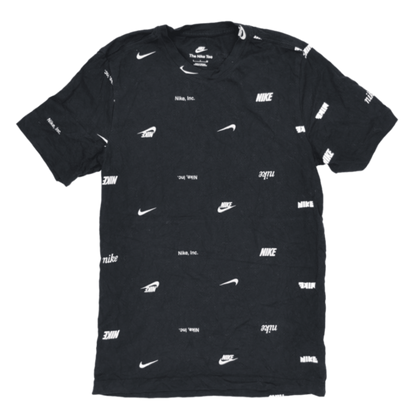 New Nike Black All Over Logo Print Cotton T Shirt Large