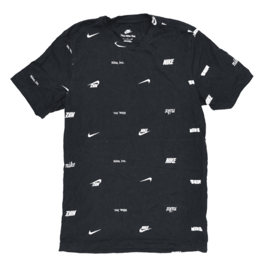 New Nike Black All Over Logo Print Cotton T Shirt Large