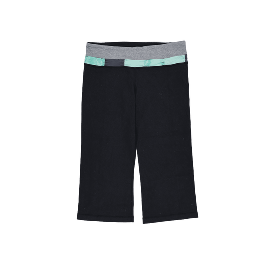 Lululemon Girls Yoga Crop Trousers Black Grey Turquoise Waistband Size 8 Stretch Cotton Blend