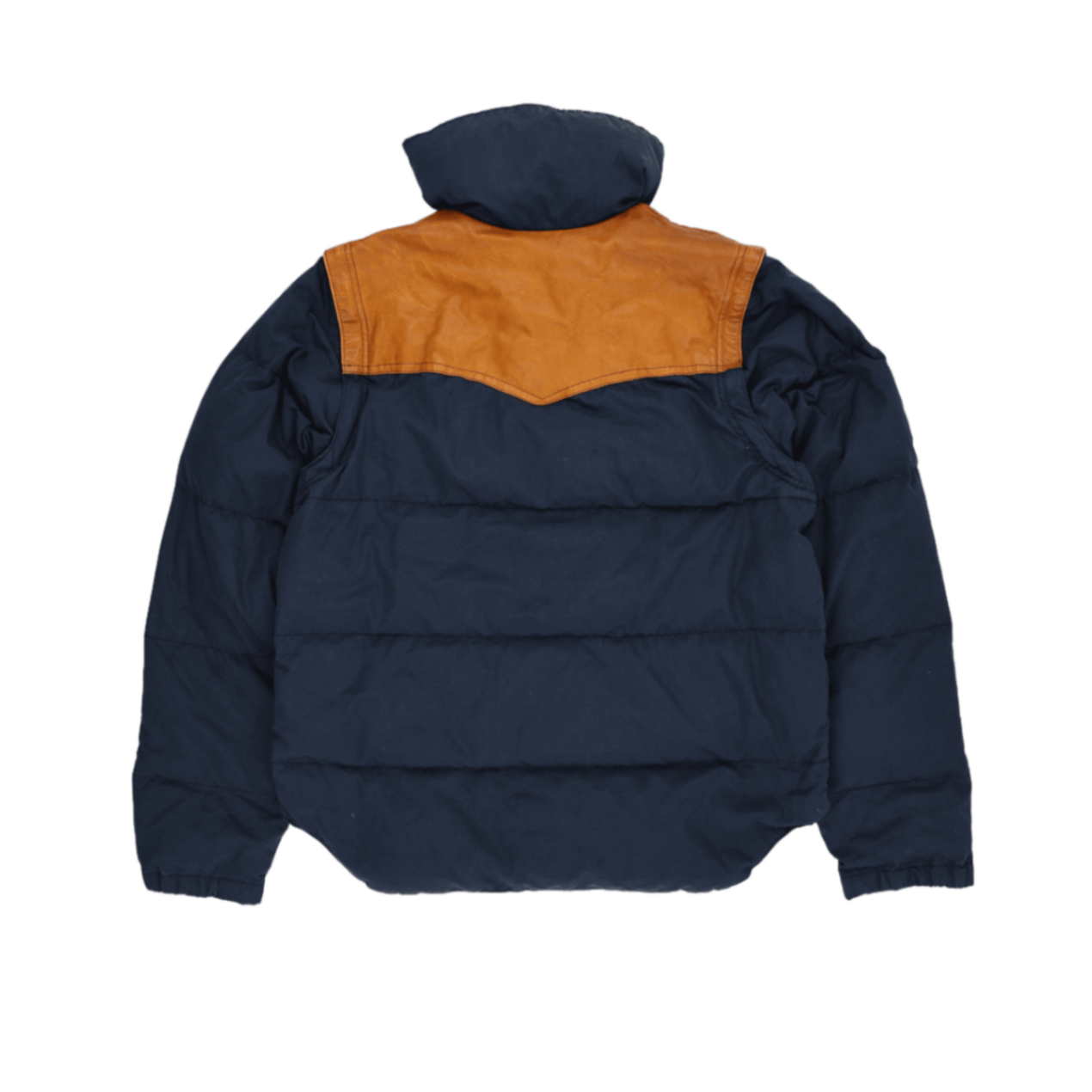 Powderhorn Mountaineering Vintage Western Puffer Jacket Navy Tan Medium Nylon Cotton Leather