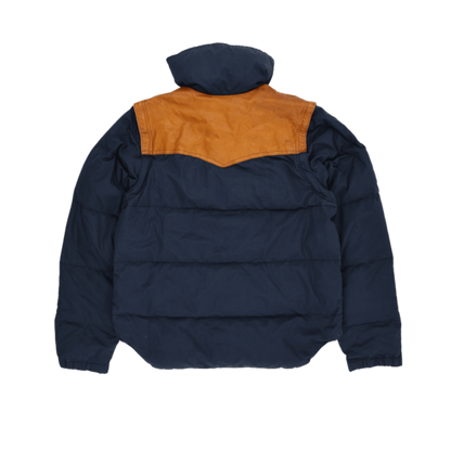 Powderhorn Mountaineering Vintage Western Puffer Jacket Navy Tan Medium Nylon Cotton Leather