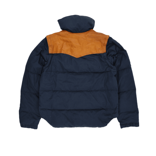 Powderhorn Mountaineering Vintage Western Puffer Jacket Navy Tan Medium Nylon Cotton Leather