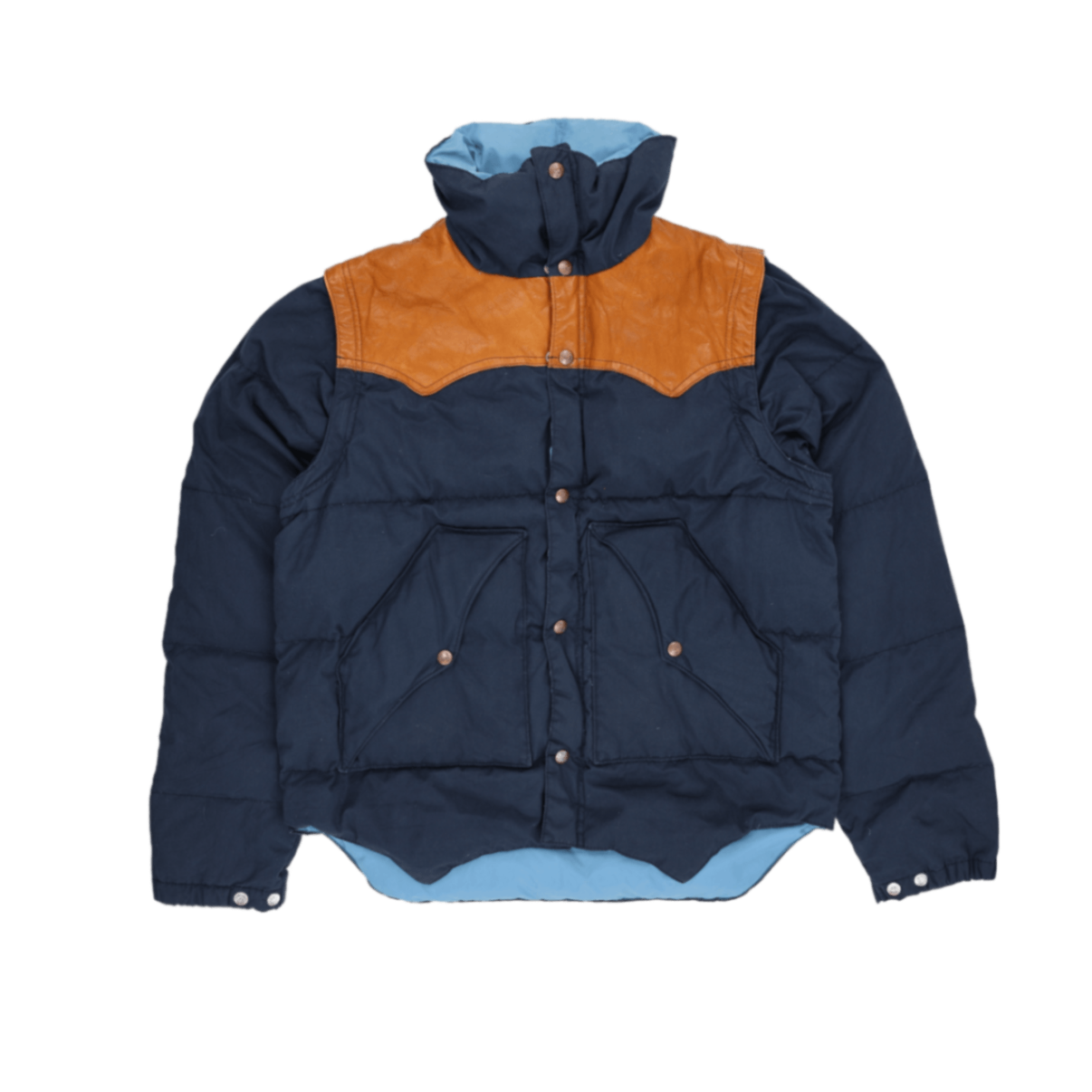 Powderhorn Mountaineering Vintage Western Puffer Jacket Navy Tan Medium Nylon Cotton Leather