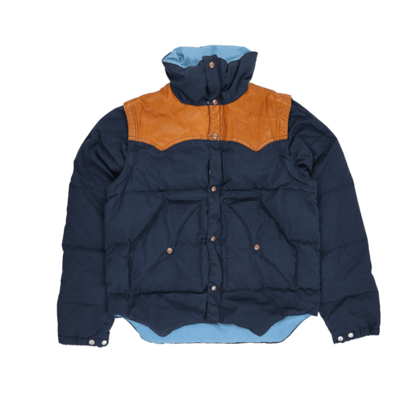 Powderhorn Mountaineering Vintage Western Puffer Jacket Navy Tan Medium Nylon Cotton Leather