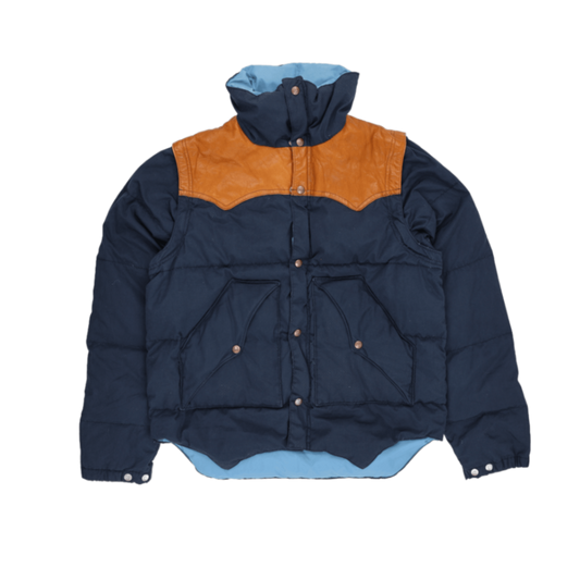 Powderhorn Mountaineering Vintage Western Puffer Jacket Navy Tan Medium Nylon Cotton Leather