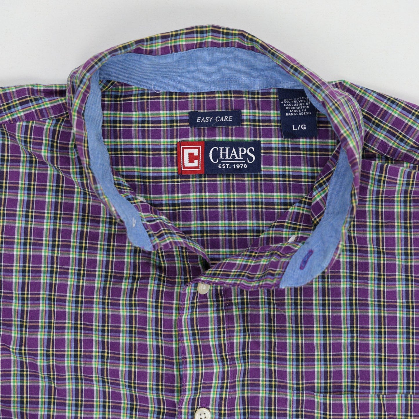 Chaps Men's Purple Green Check Long Sleeve Casual Shirt Large 100% Cotton