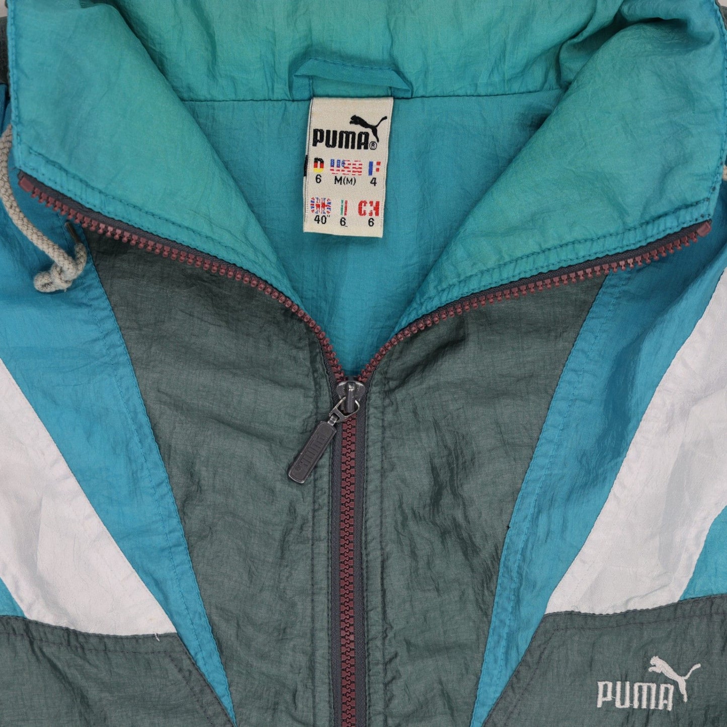 PUMA Vintage Windbreaker Jacket Green Blue White Men's Size M Nylon Stand Collar