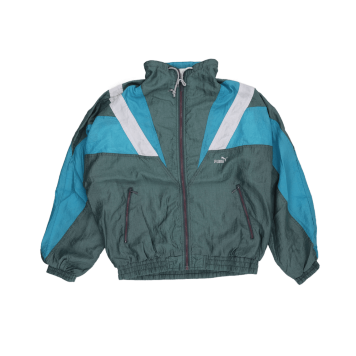 PUMA Vintage Windbreaker Jacket Green Blue White Men's Size M Nylon Stand Collar
