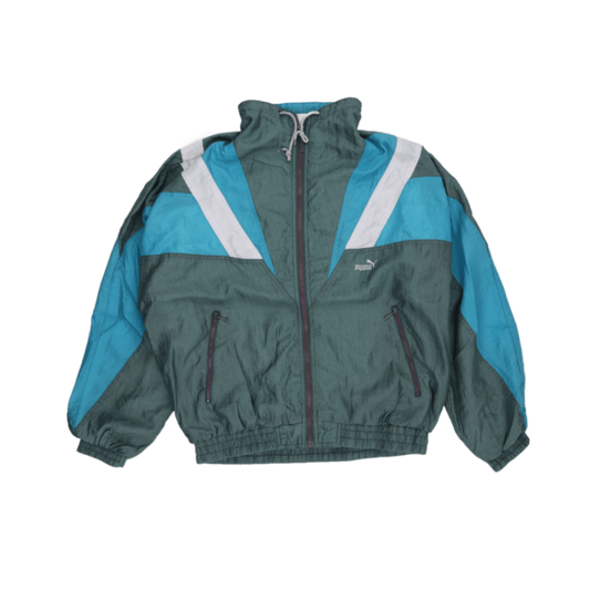 PUMA Vintage Windbreaker Jacket Green Blue White Men's Size M Nylon Stand Collar
