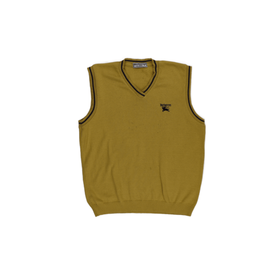 Burberrys Vintage Mustard Yellow Wool Sleeveless Knit Vest Size Large V-Neck