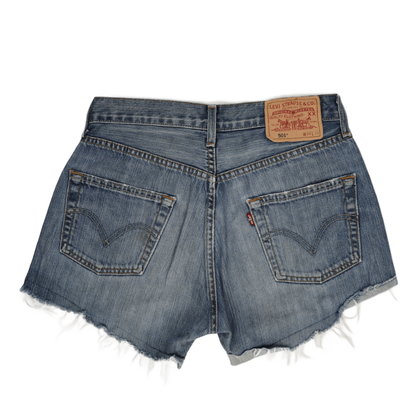 Levi's 501 Vintage Denim Cut Off Shorts W30 Blue Distressed Raw Hem Bug Embroidery