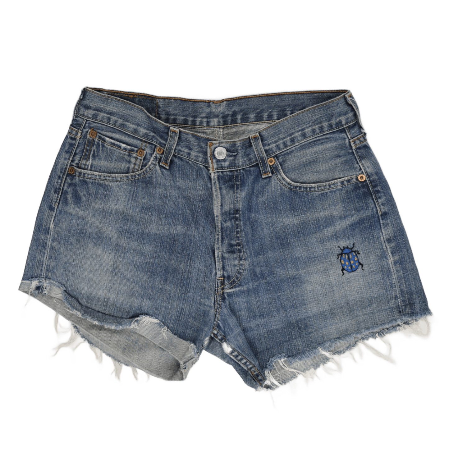 Levi's 501 Vintage Denim Cut Off Shorts W30 Blue Distressed Raw Hem Bug Embroidery