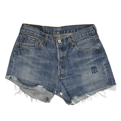 Levi's 501 Vintage Denim Cut Off Shorts W30 Blue Distressed Raw Hem Bug Embroidery