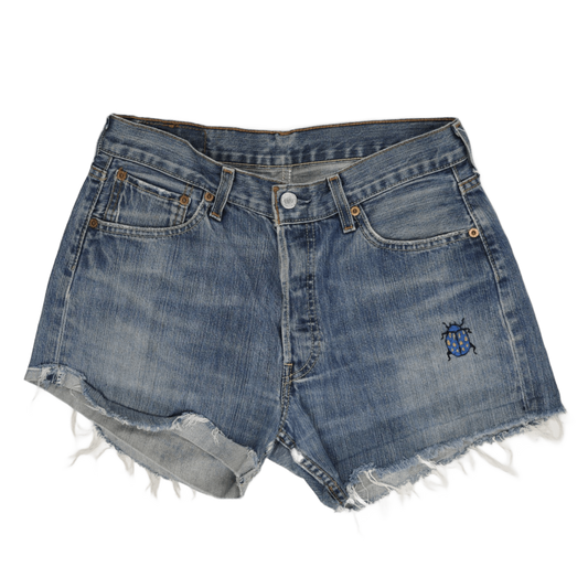 Levi's 501 Vintage Denim Cut Off Shorts W30 Blue Distressed Raw Hem Bug Embroidery