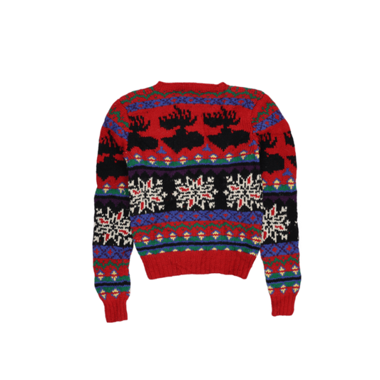 Hand Knit Vintage Nordic Jumper Red Multi 100% Wool Size Medium