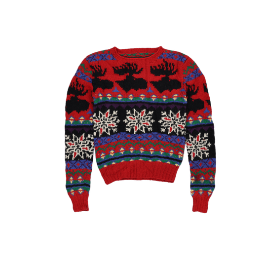 Hand Knit Vintage Nordic Jumper Red Multi 100% Wool Size Medium